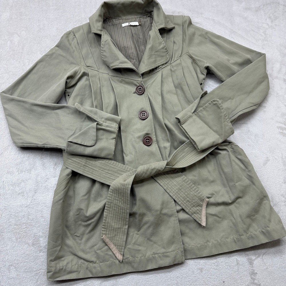 Mike & Chris Trench Coat Women's Large Jacket Olive Green Belted Pleated Utility